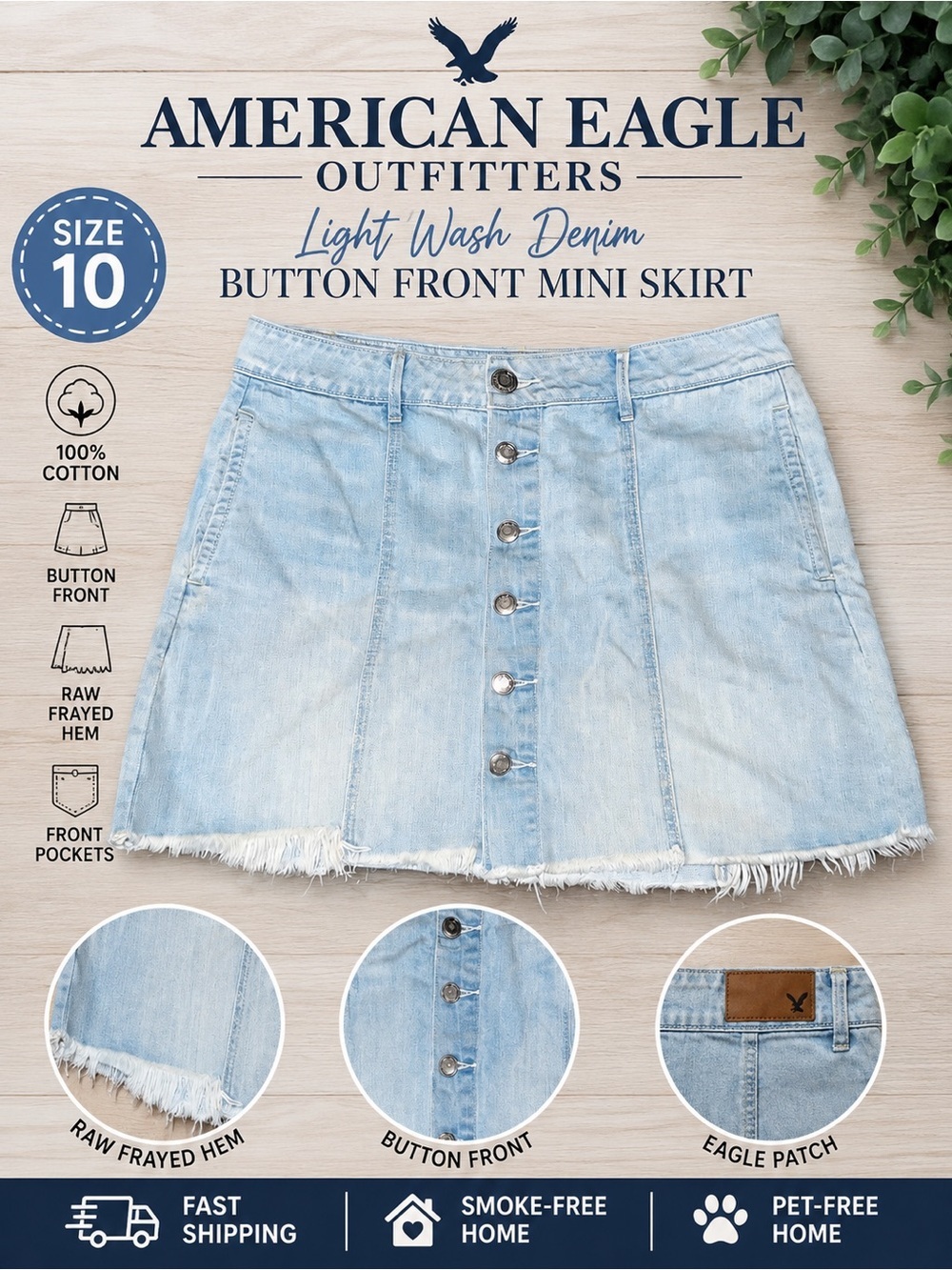 American Eagle Light Wash Denim Button Front Mini Skirt Size 10 Raw Hem